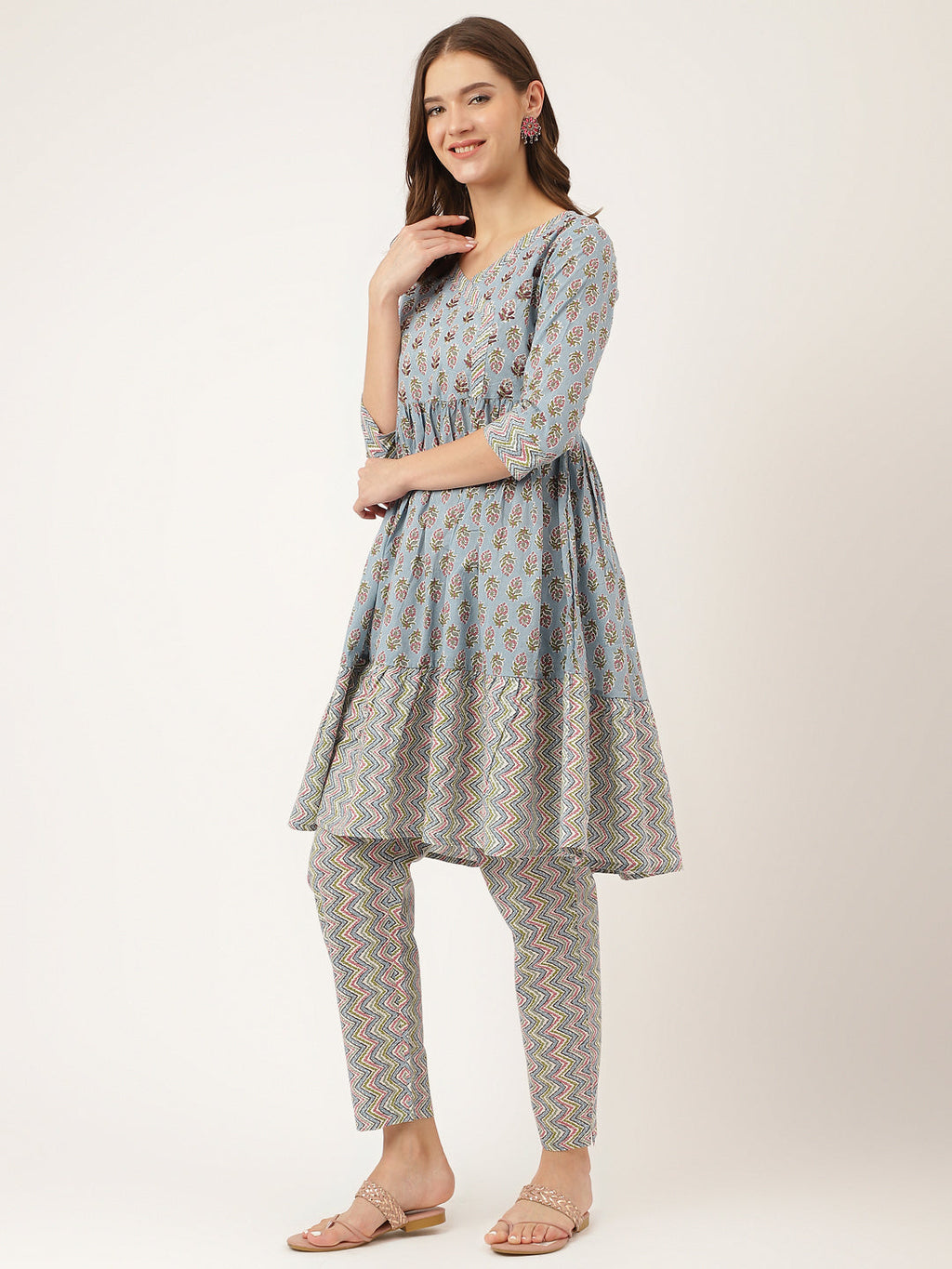 Noe Velarro Sky Blue Hand Block Floral Print Cotton Kurta, Trouser