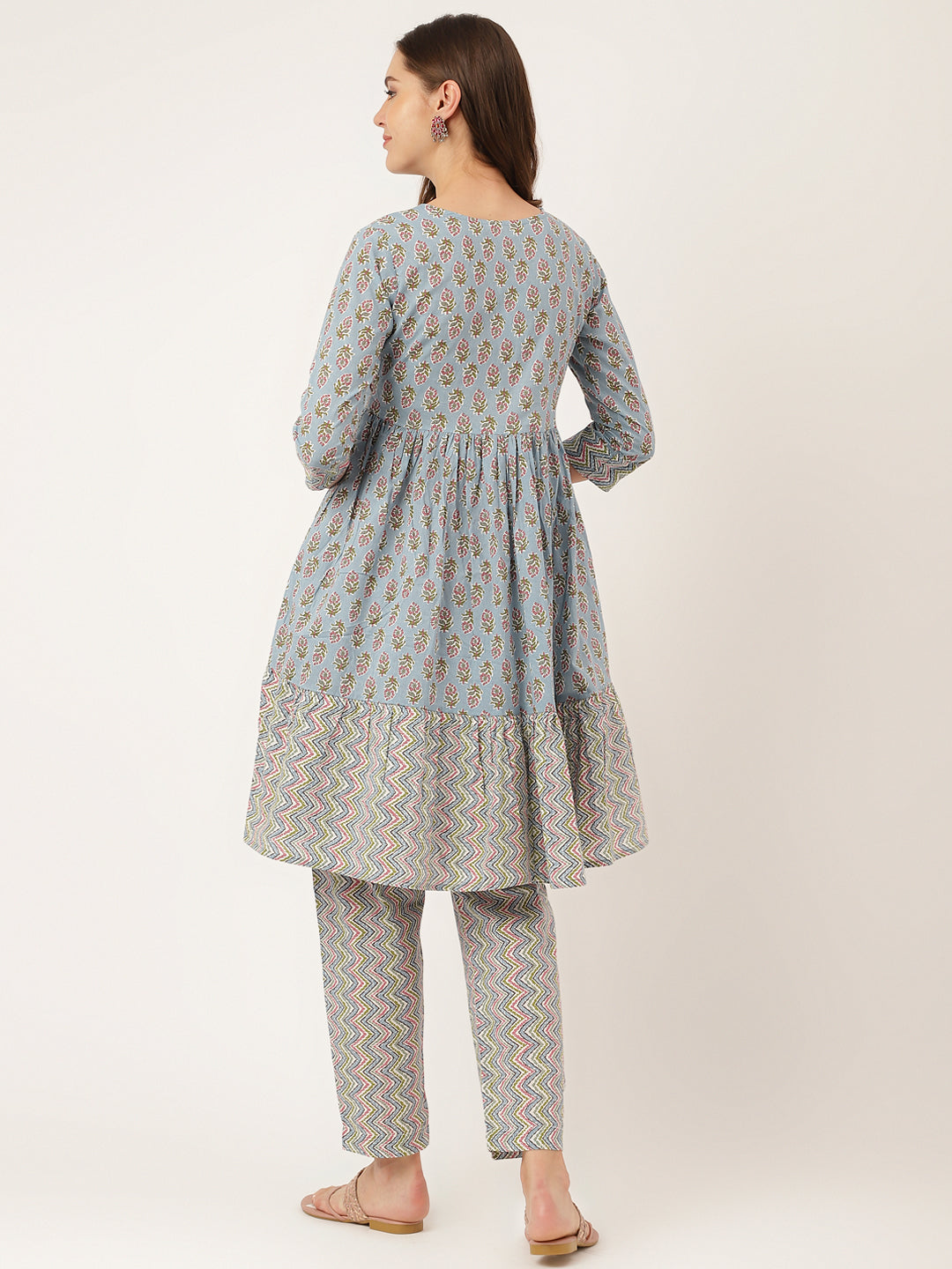 Noe Velarro Sky Blue Hand Block Floral Print Cotton Kurta, Trouser