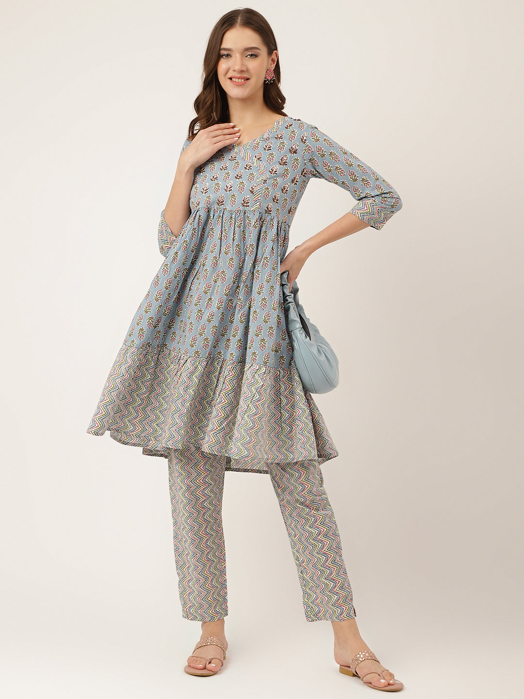 Noe Velarro Sky Blue Hand Block Floral Print Cotton Kurta, Trouser