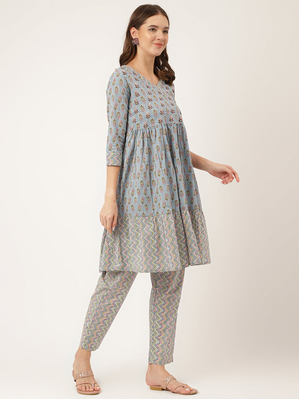Noe Velarro Sky Blue Hand Block Floral Print Cotton Kurta, Trouser
