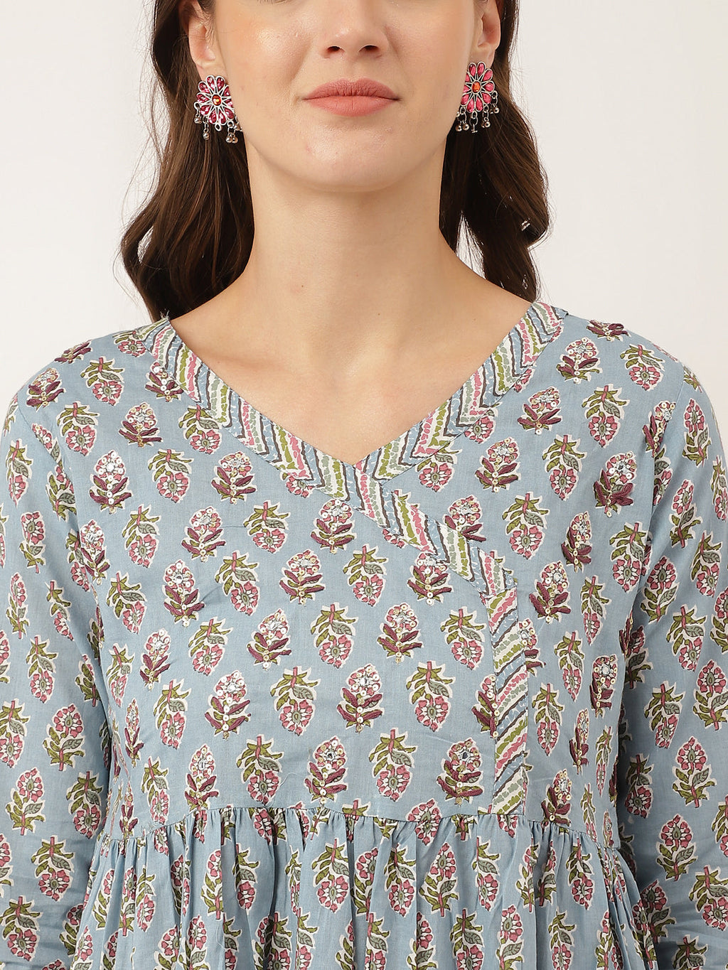 Noe Velarro Sky Blue Hand Block Floral Print Cotton Kurta, Trouser