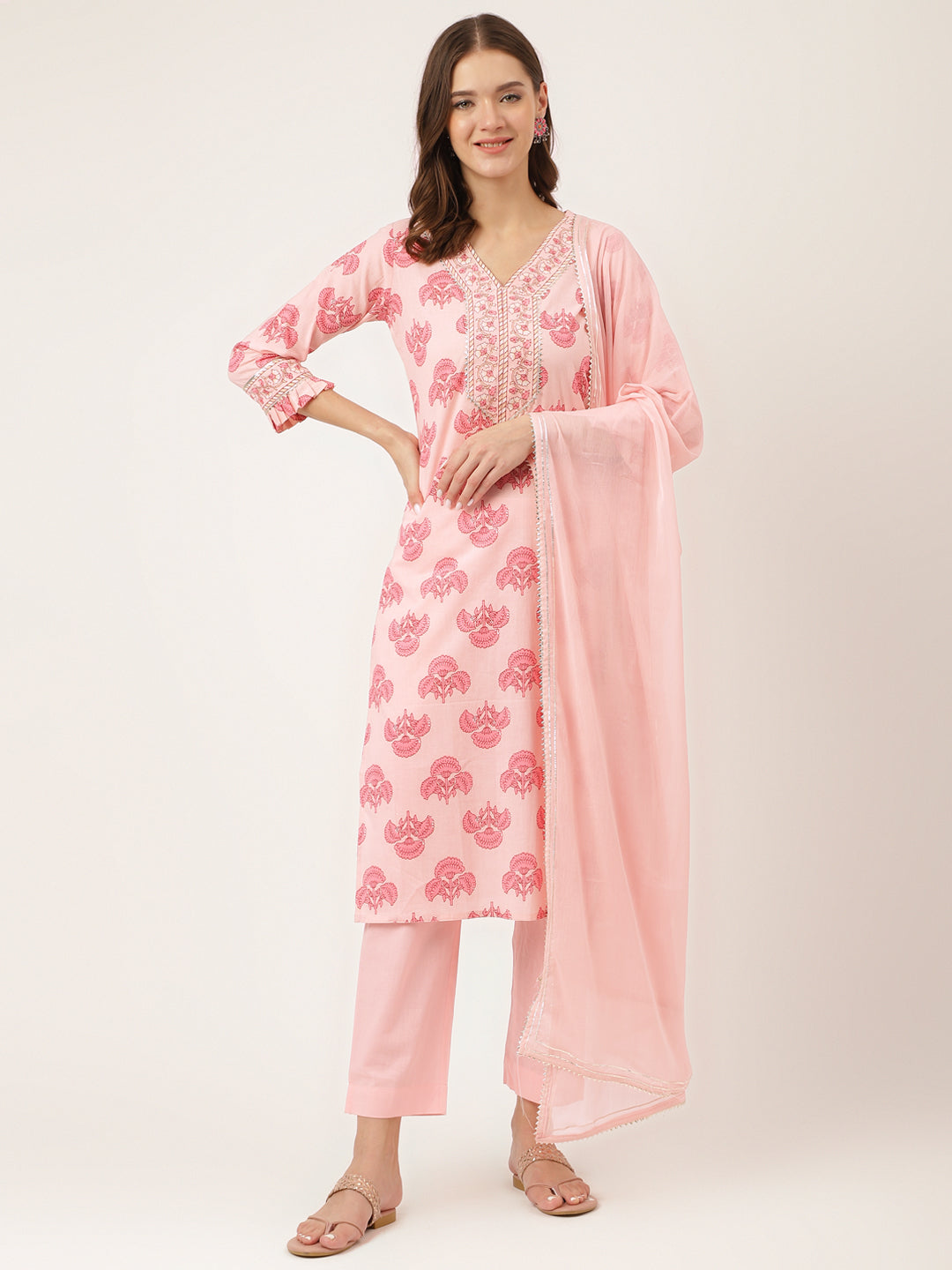 Noe Velarro Pink Floral Print Cotton  Kurta, Trouser & Dupatta