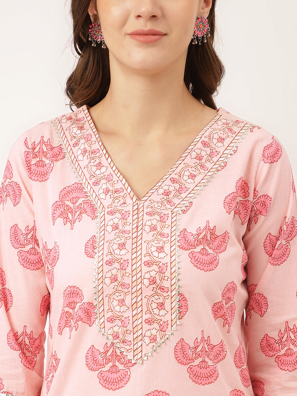 Noe Velarro Pink Floral Print Cotton  Kurta, Trouser & Dupatta