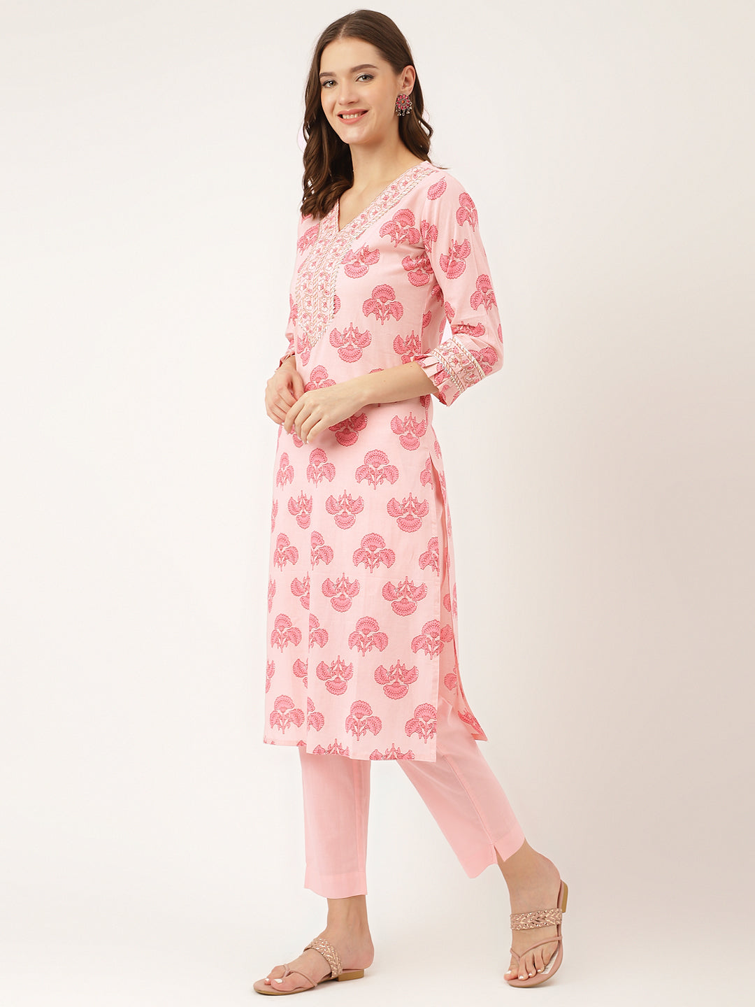 Noe Velarro Pink Floral Print Cotton  Kurta, Trouser & Dupatta