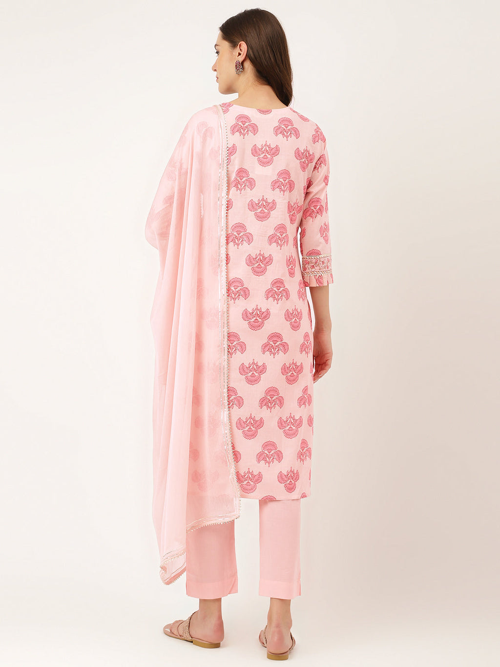 Noe Velarro Pink Floral Print Cotton  Kurta, Trouser & Dupatta