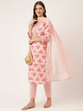 Noe Velarro Pink Floral Print Cotton  Kurta, Trouser & Dupatta