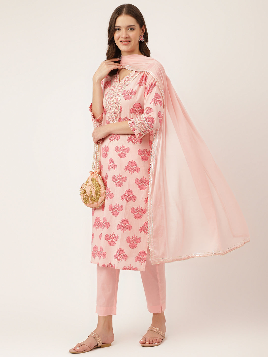 Noe Velarro Pink Floral Print Cotton  Kurta, Trouser & Dupatta