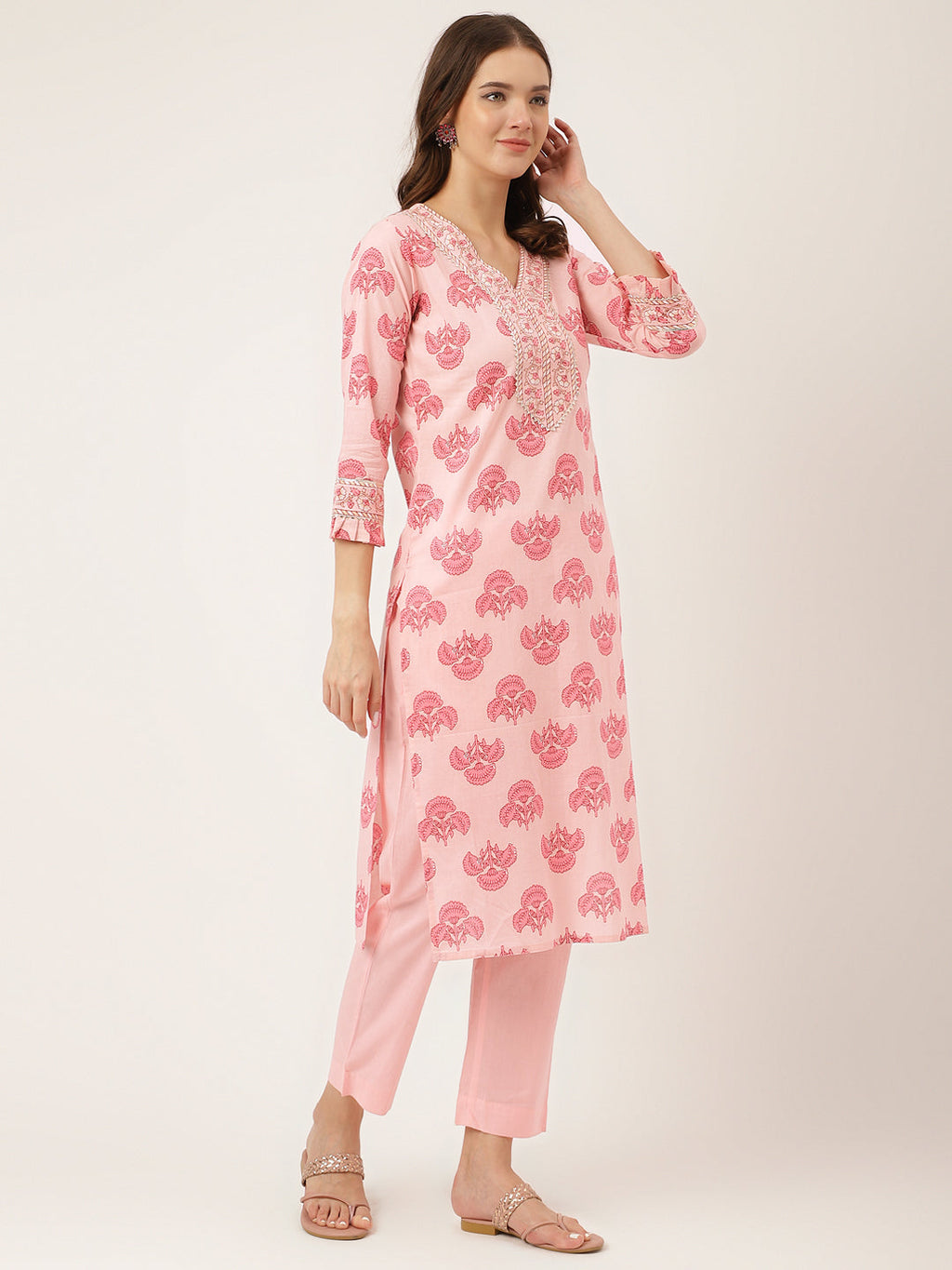 Noe Velarro Pink Floral Print Cotton  Kurta, Trouser & Dupatta