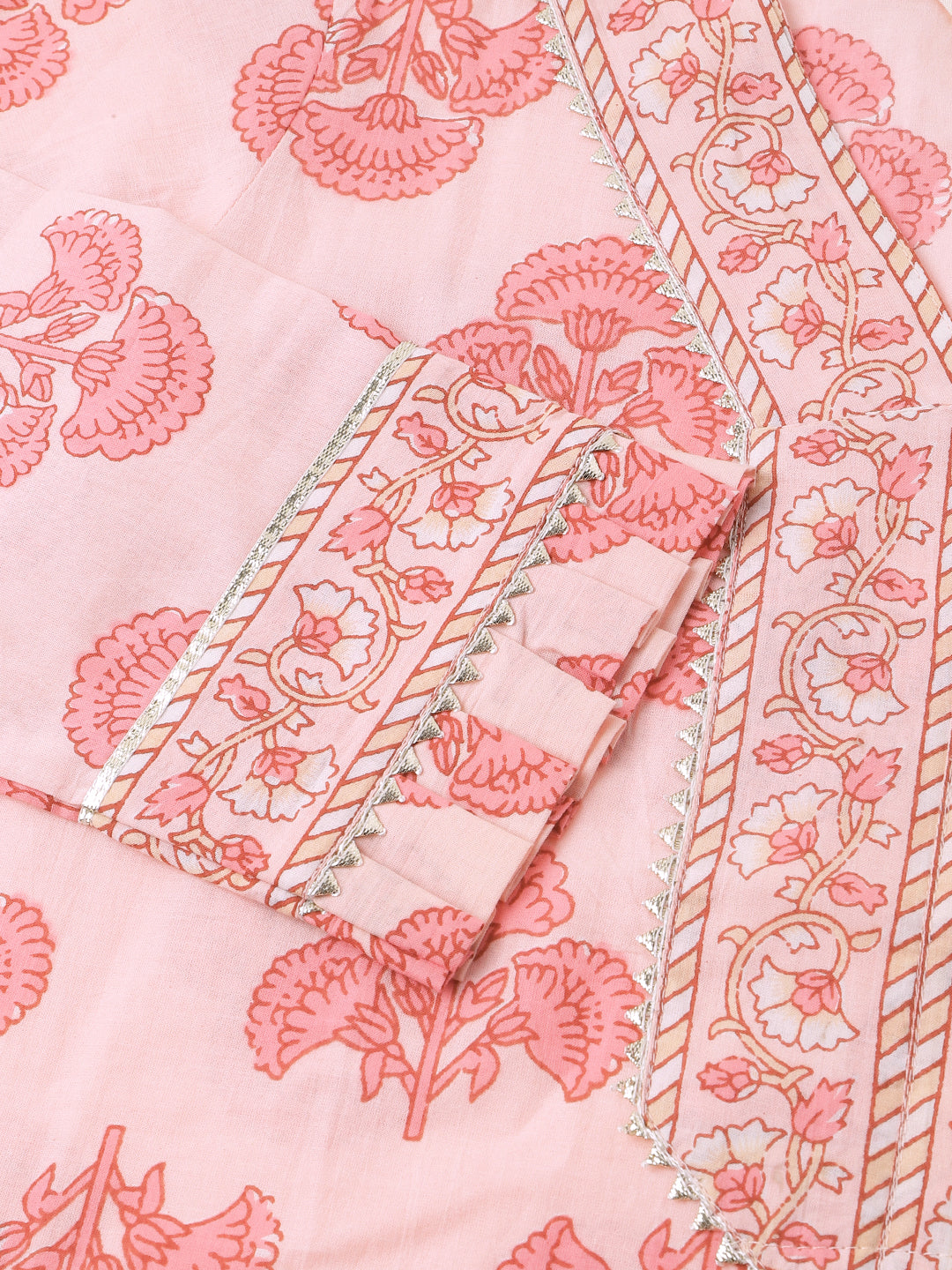 Noe Velarro Pink Floral Print Cotton  Kurta, Trouser & Dupatta