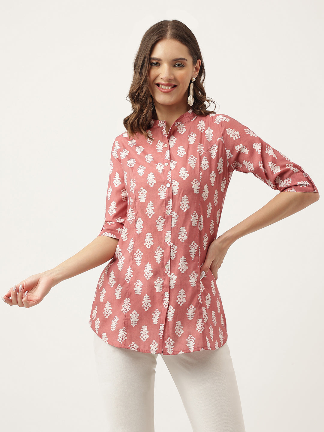 Noe Velarro Peach Printed Modal Chanderi Top