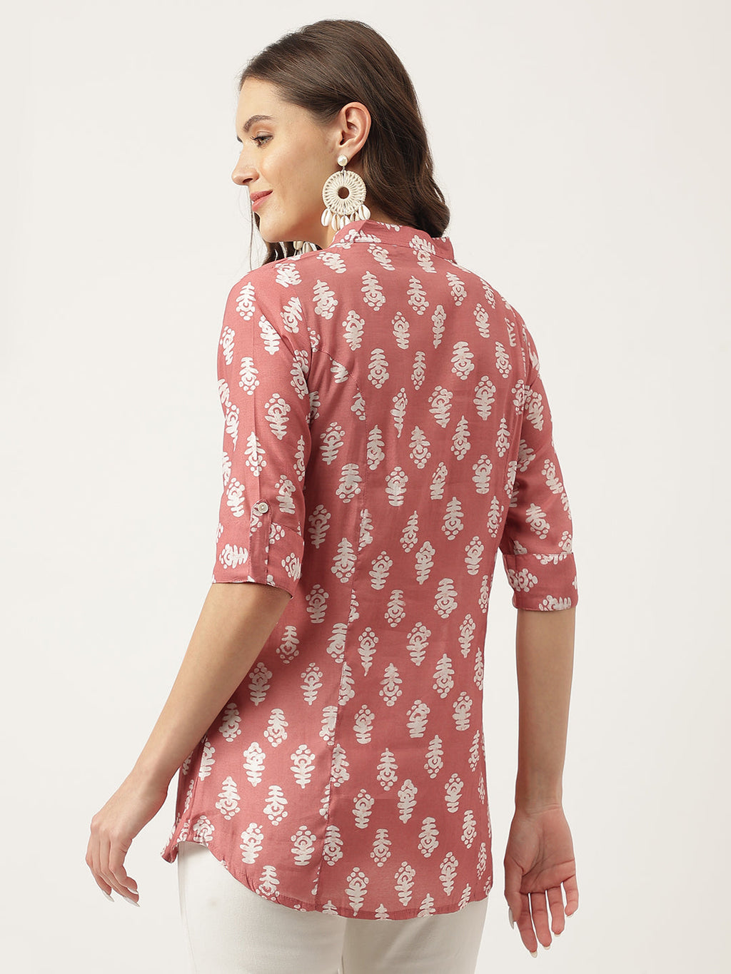 Noe Velarro Peach Printed Modal Chanderi Top
