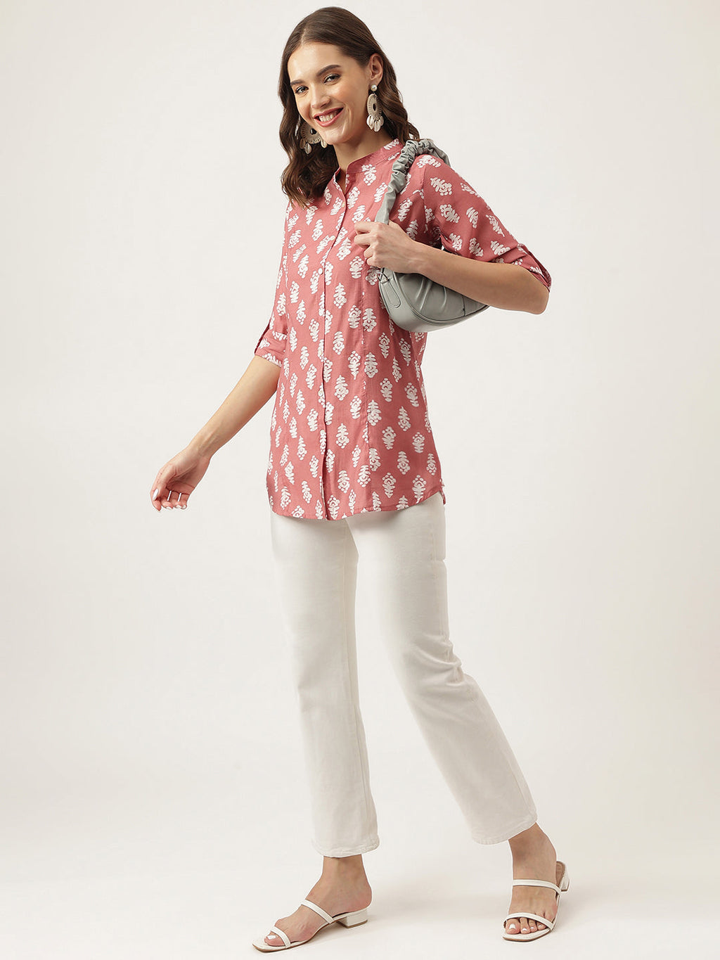 Noe Velarro Peach Printed Modal Chanderi Top