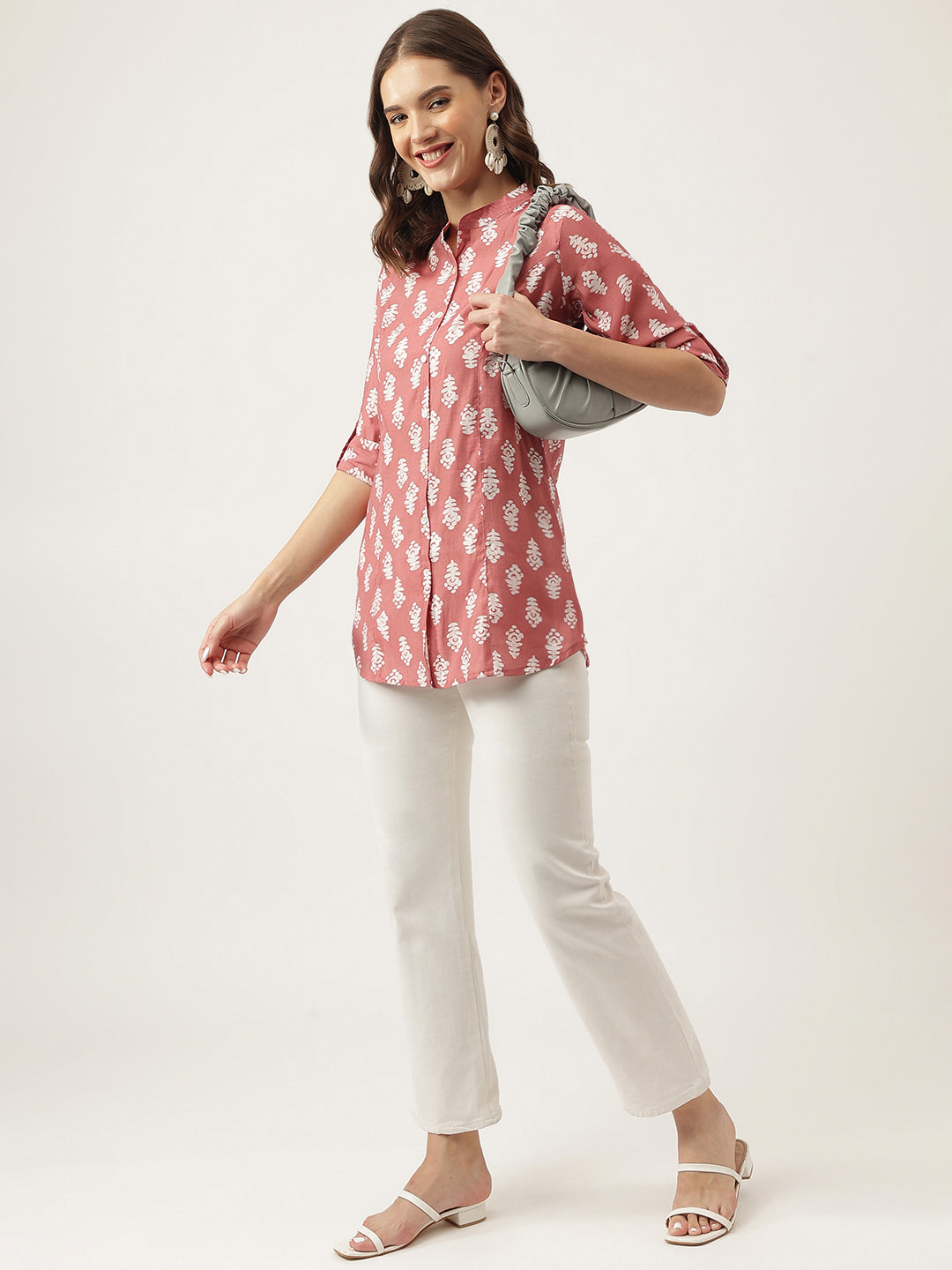 Noe Velarro Peach Printed Modal Chanderi Top