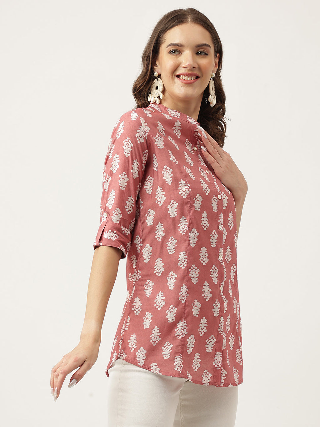 Noe Velarro Peach Printed Modal Chanderi Top