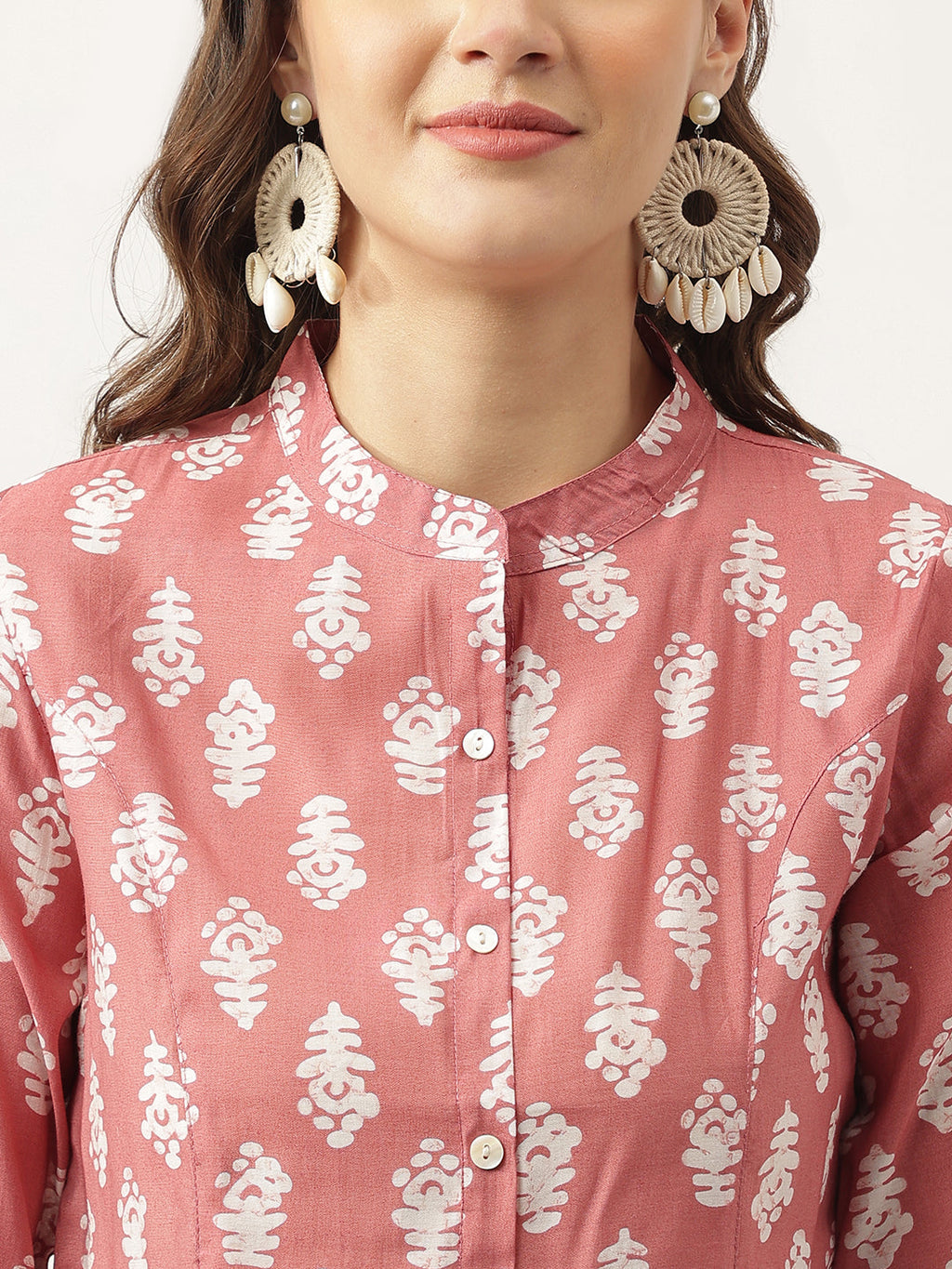 Noe Velarro Peach Printed Modal Chanderi Top
