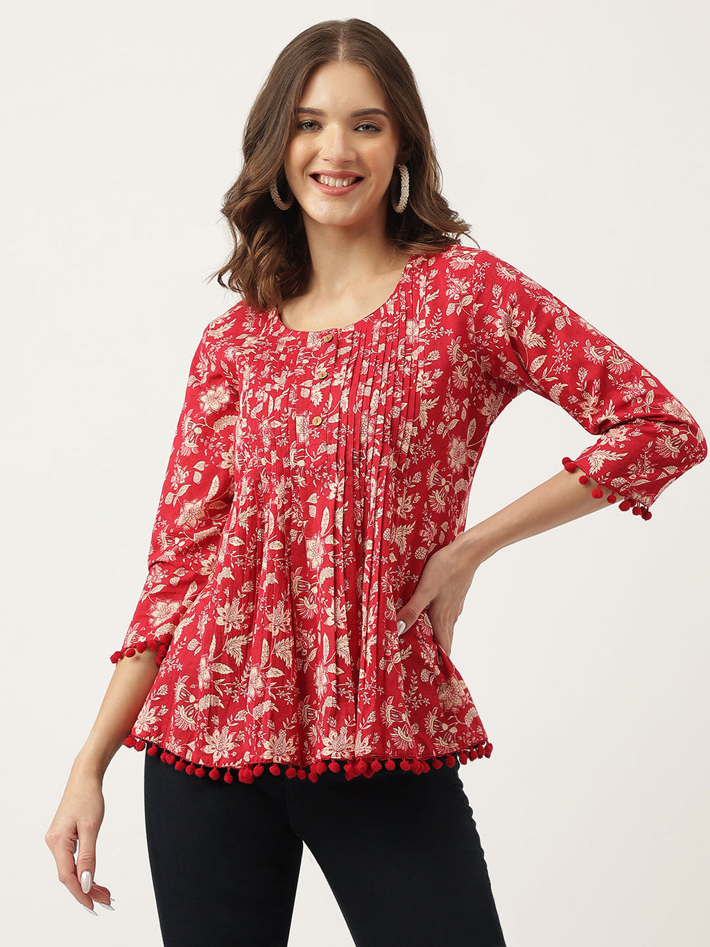 Noe Velarro Red Floral Printed Cotton Peplum Top