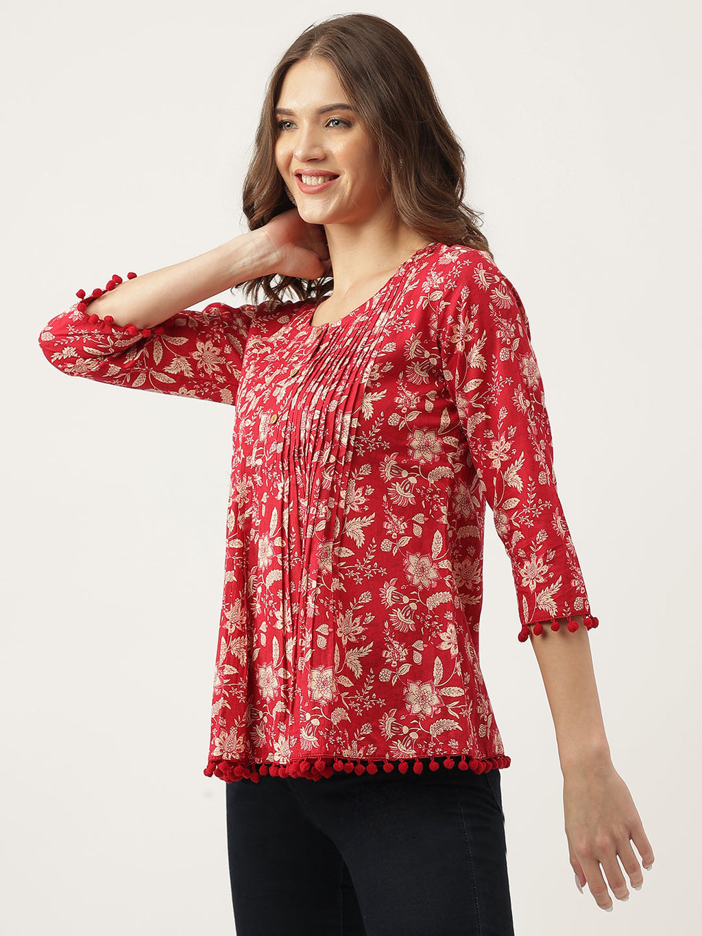 Noe Velarro Red Floral Printed Cotton Peplum Top
