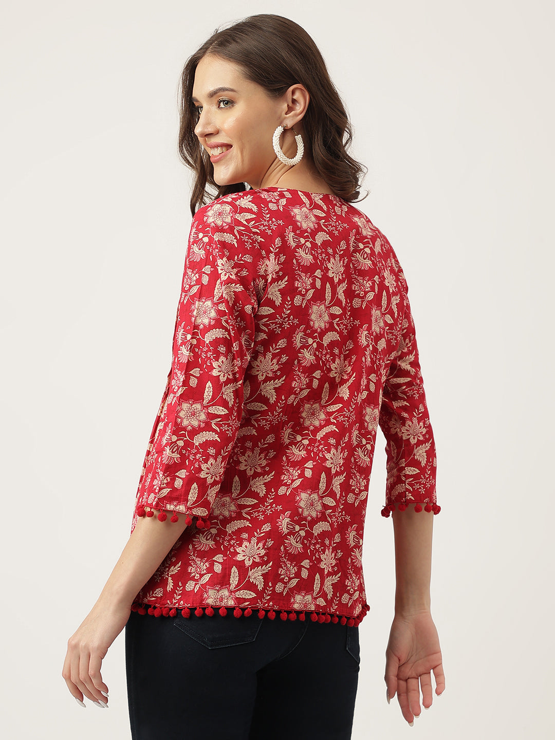 Noe Velarro Red Floral Printed Cotton Peplum Top