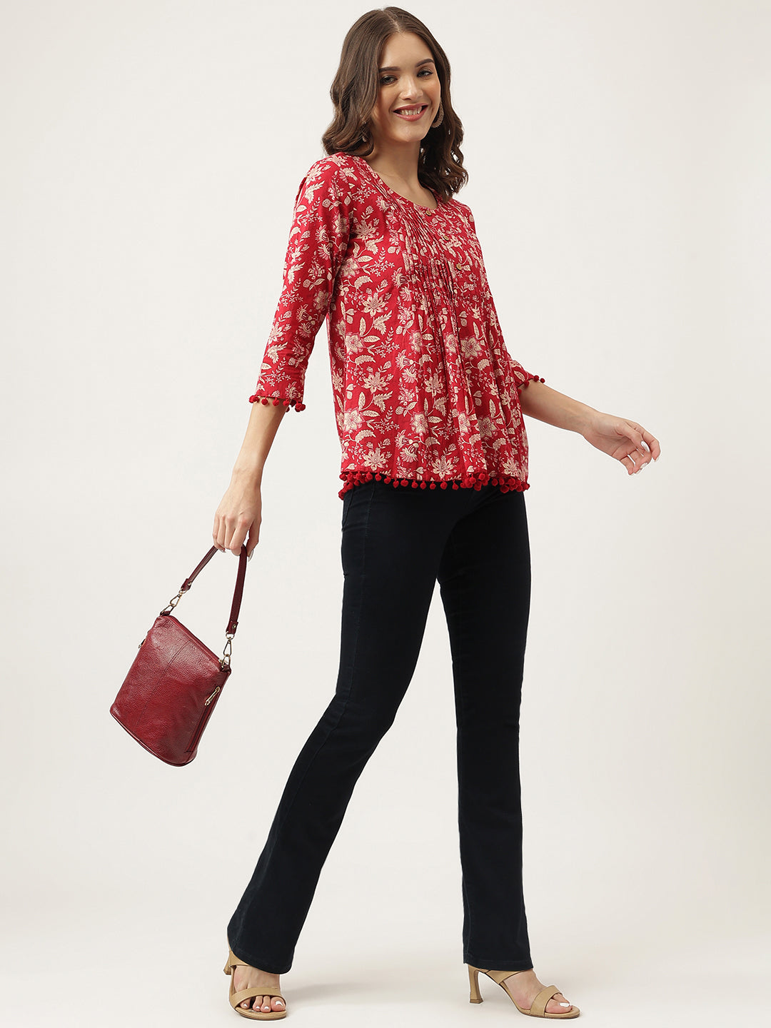 Noe Velarro Red Floral Printed Cotton Peplum Top