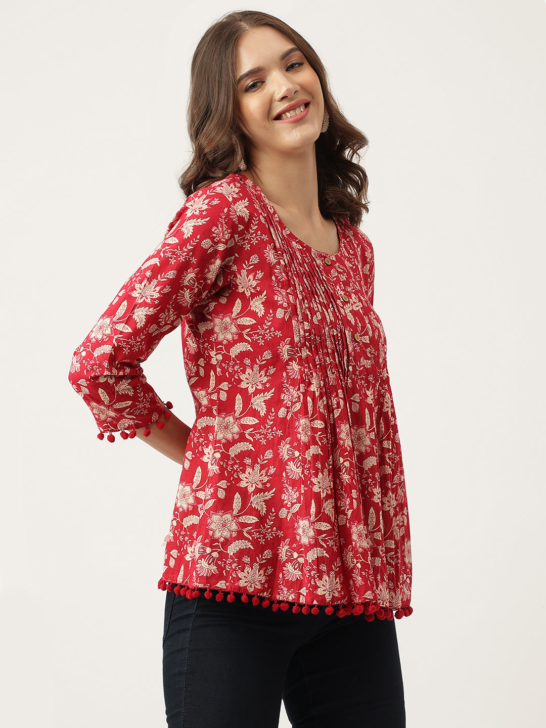 Noe Velarro Red Floral Printed Cotton Peplum Top