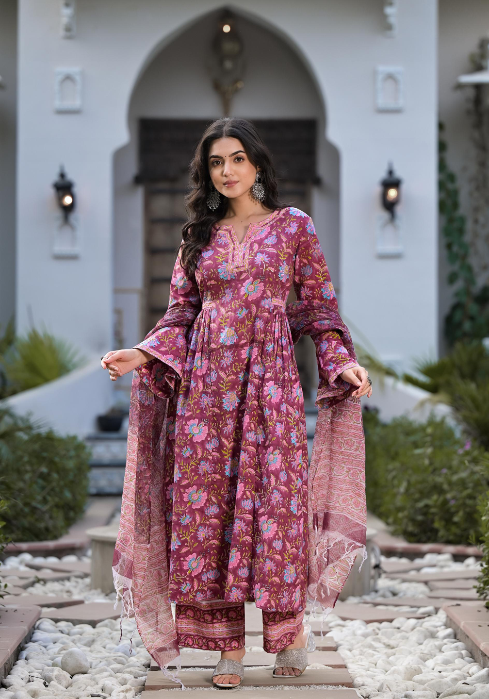 Noe Velarro Magenta Hand Block Floral Printed Cotton Kurta Set
