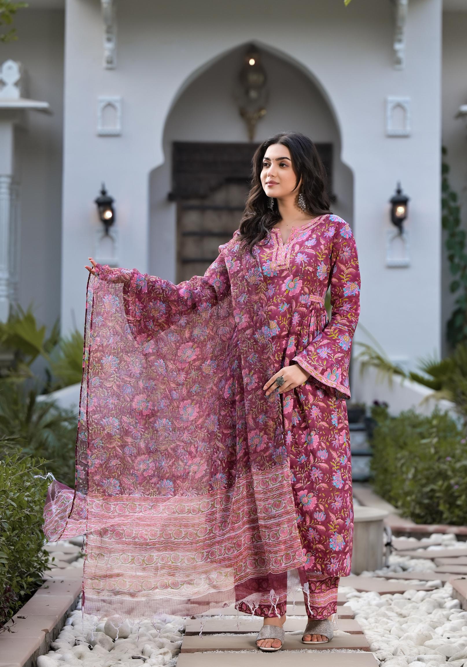 Noe Velarro Magenta Hand Block Floral Printed Cotton Kurta Set