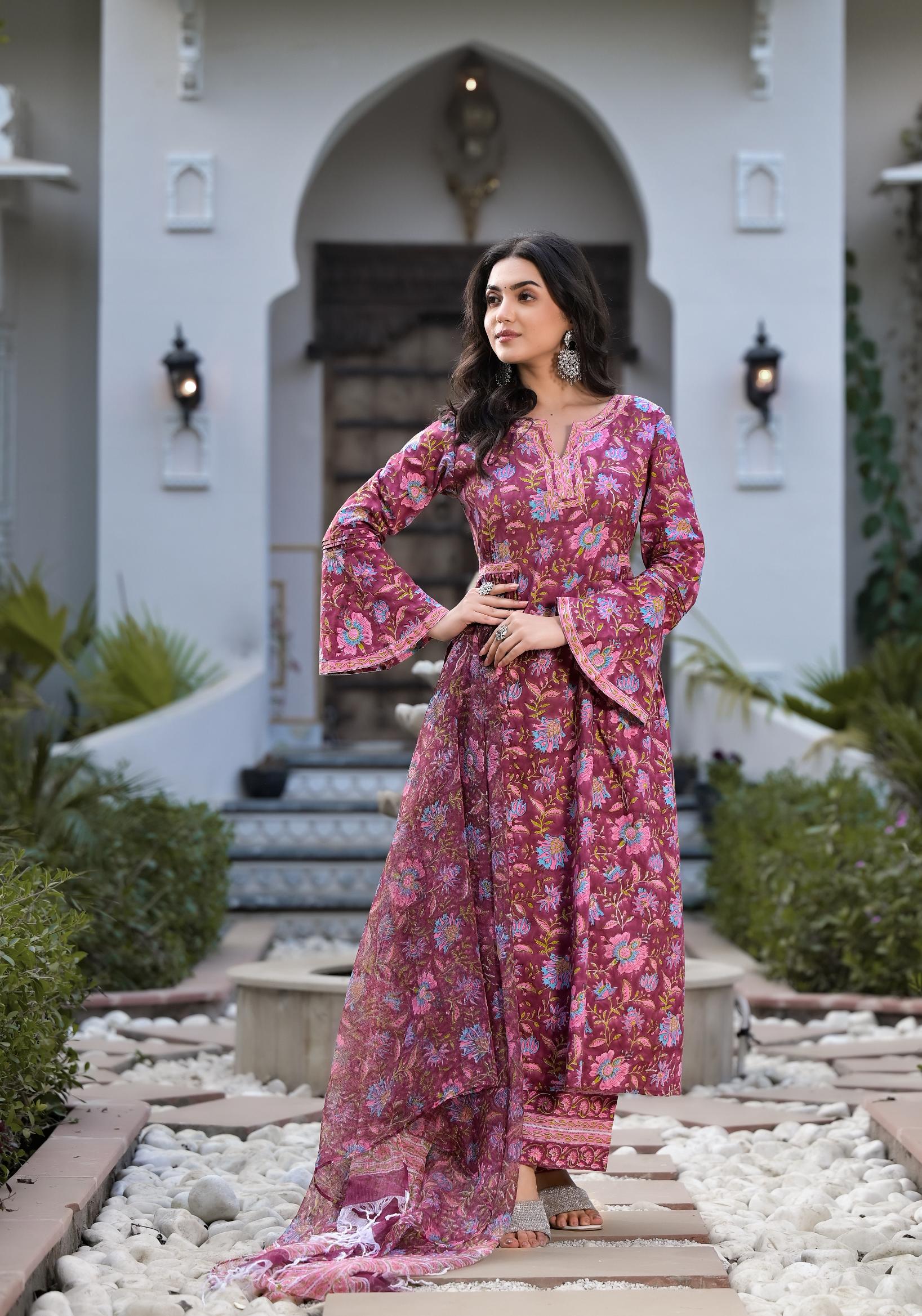 Noe Velarro Magenta Hand Block Floral Printed Cotton Kurta Set
