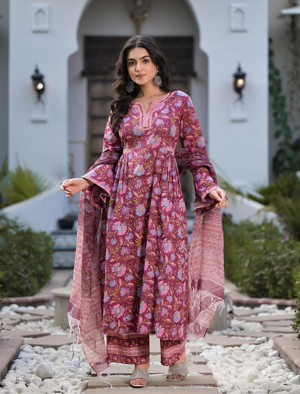 Noe Velarro Magenta Hand Block Floral Printed Cotton Kurta Set