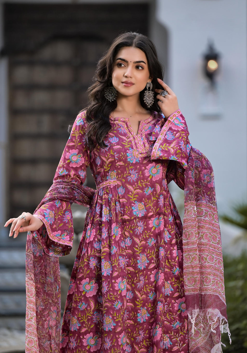 Noe Velarro Magenta Hand Block Floral Printed Cotton Kurta Set