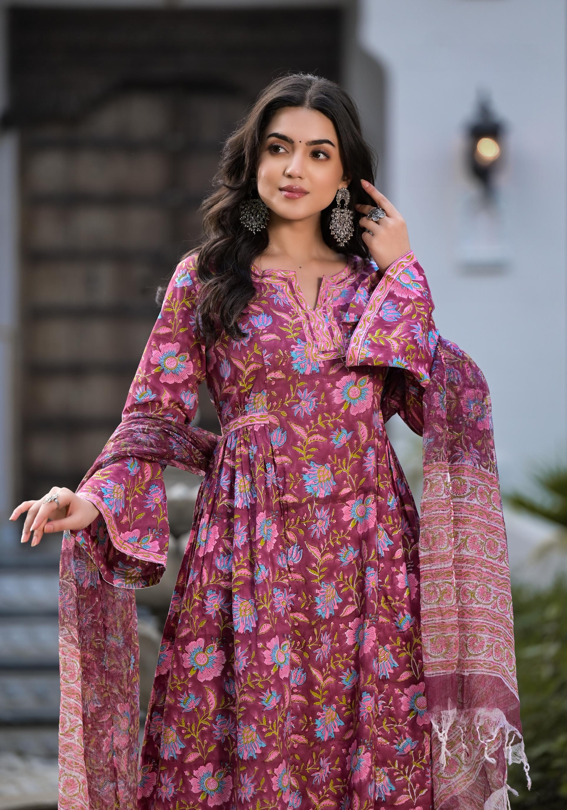 Noe Velarro Magenta Hand Block Floral Printed Cotton Kurta Set