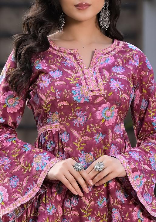 Noe Velarro Magenta Hand Block Floral Printed Cotton Kurta Set