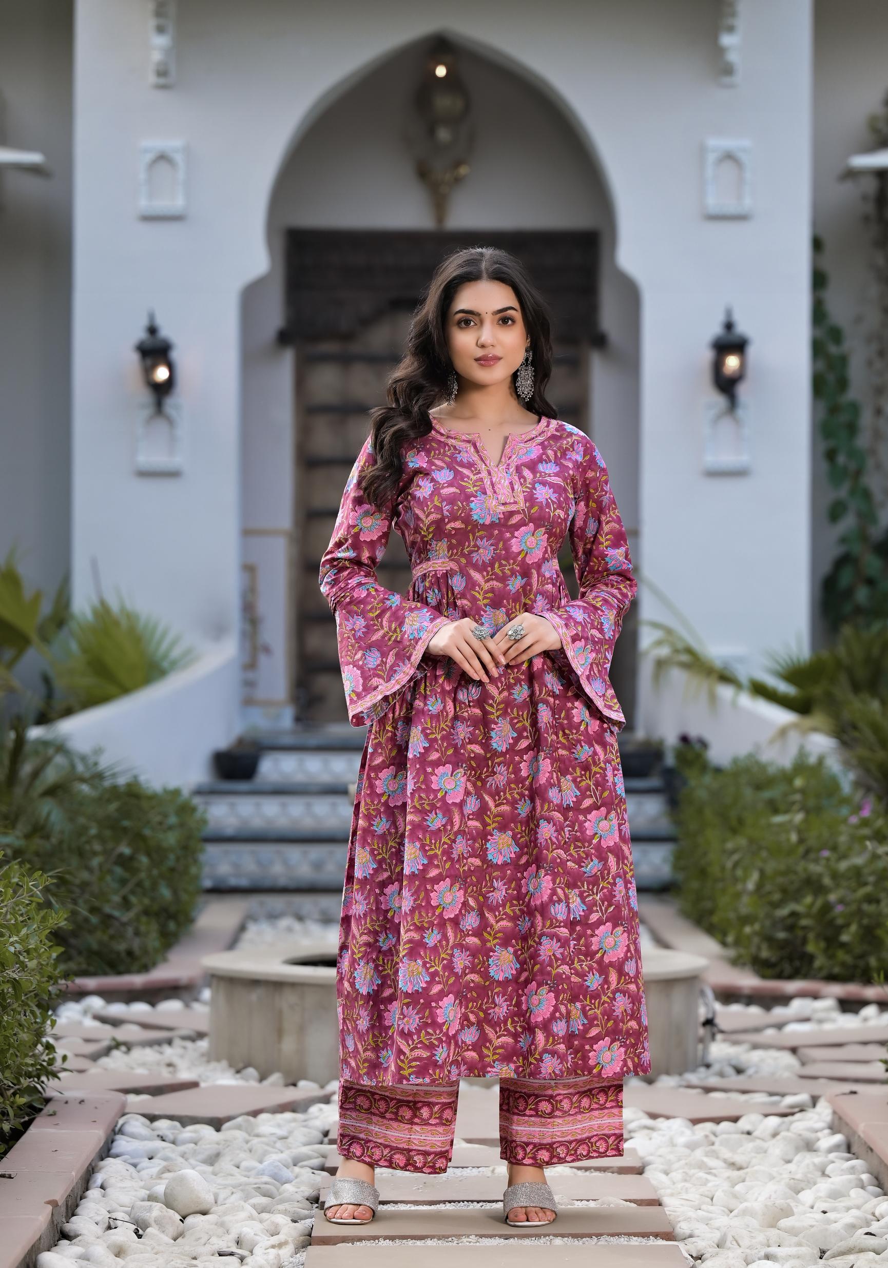 Noe Velarro Magenta Hand Block Floral Printed Cotton Kurta Set