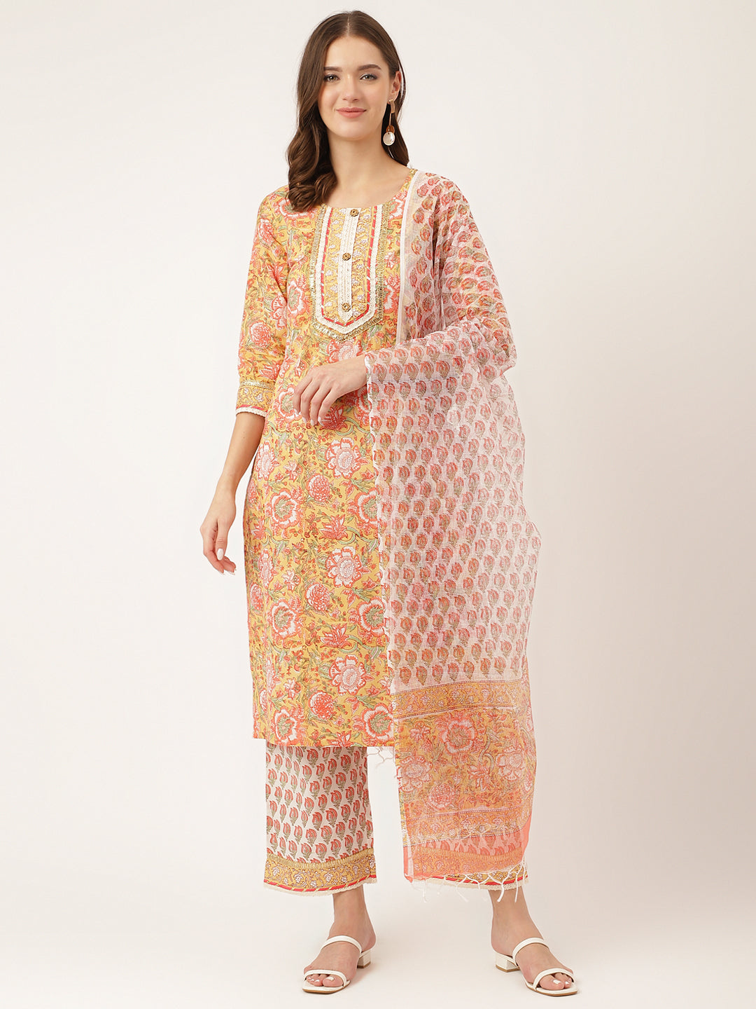 Noe Velarro Yellow Hand Block Floral Print Cotton  Kurta, Trouser With Dupatta