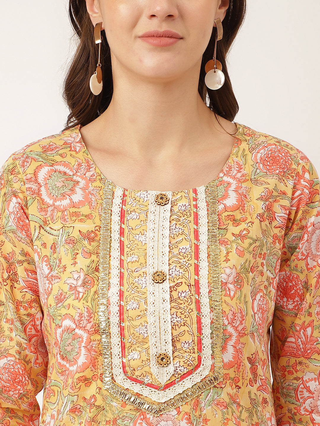 Noe Velarro Yellow Hand Block Floral Print Cotton  Kurta, Trouser With Dupatta