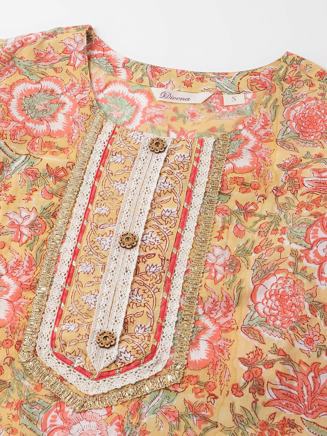 Noe Velarro Yellow Hand Block Floral Print Cotton  Kurta, Trouser With Dupatta