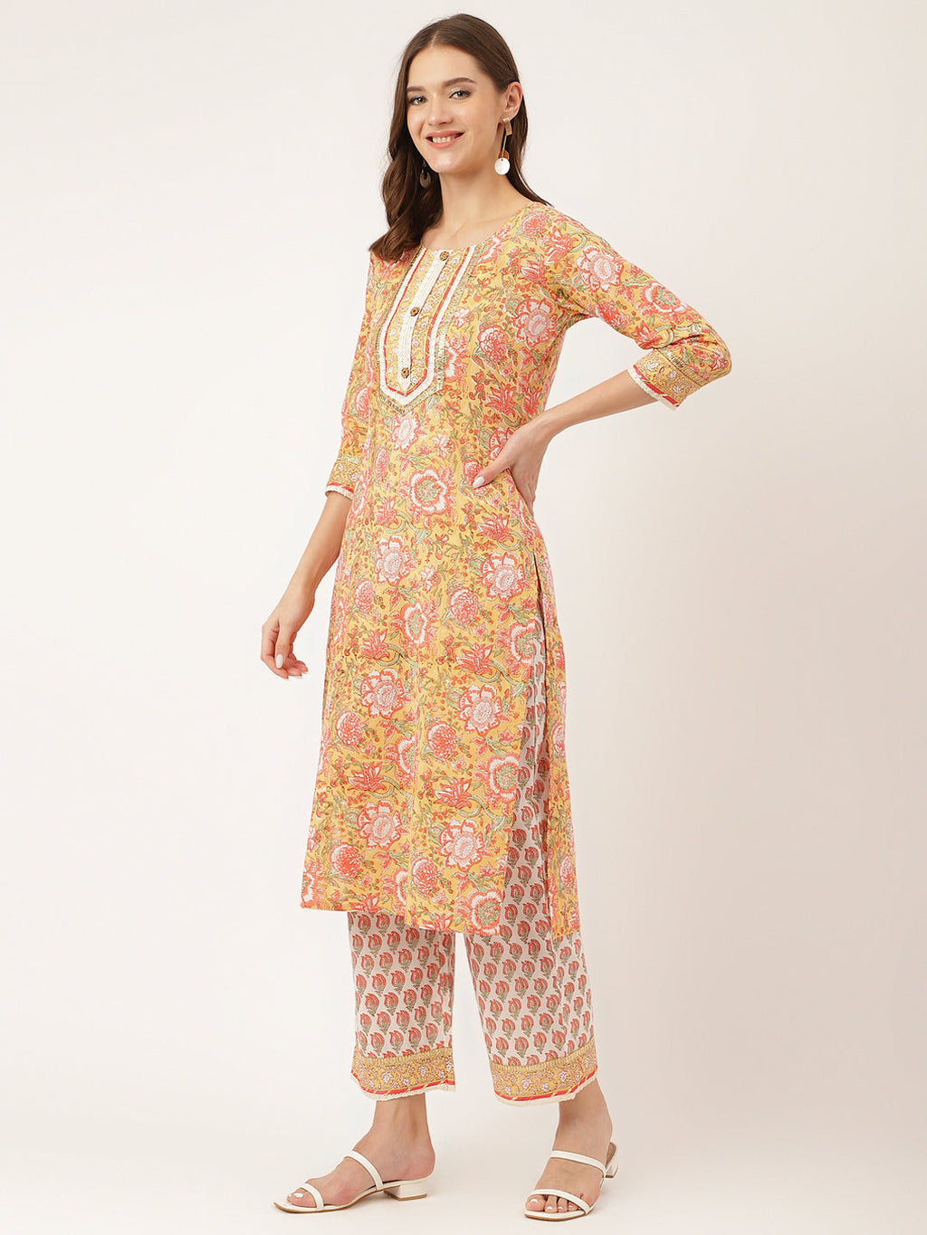 Noe Velarro Yellow Hand Block Floral Print Cotton  Kurta, Trouser With Dupatta
