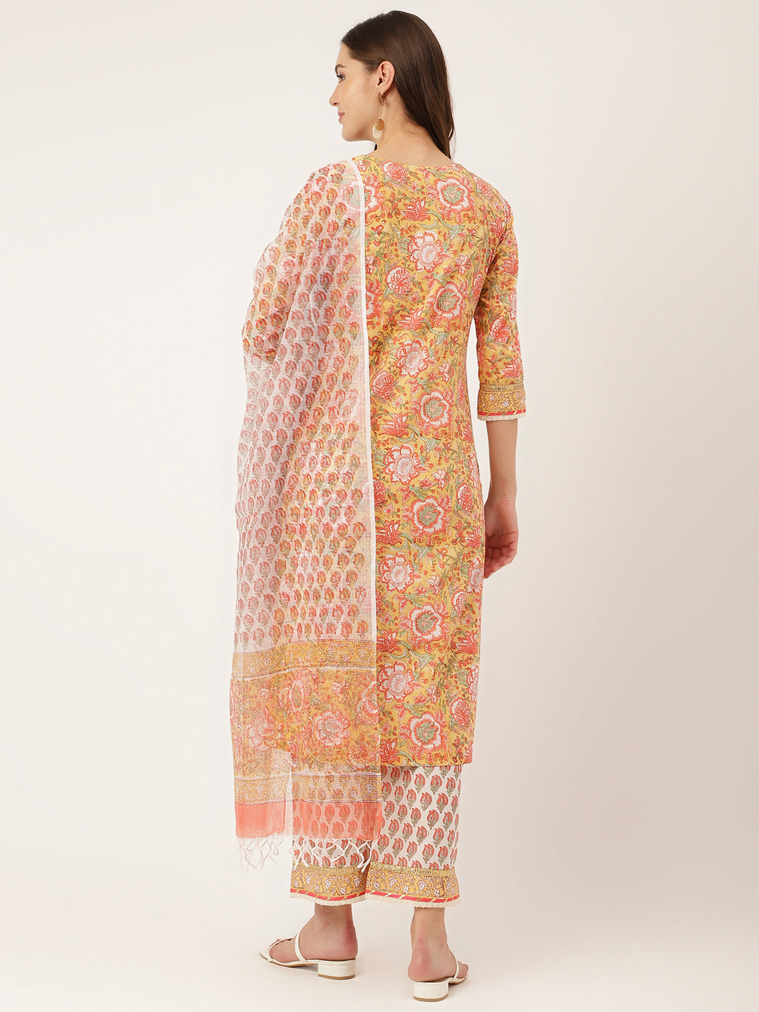 Noe Velarro Yellow Hand Block Floral Print Cotton  Kurta, Trouser With Dupatta