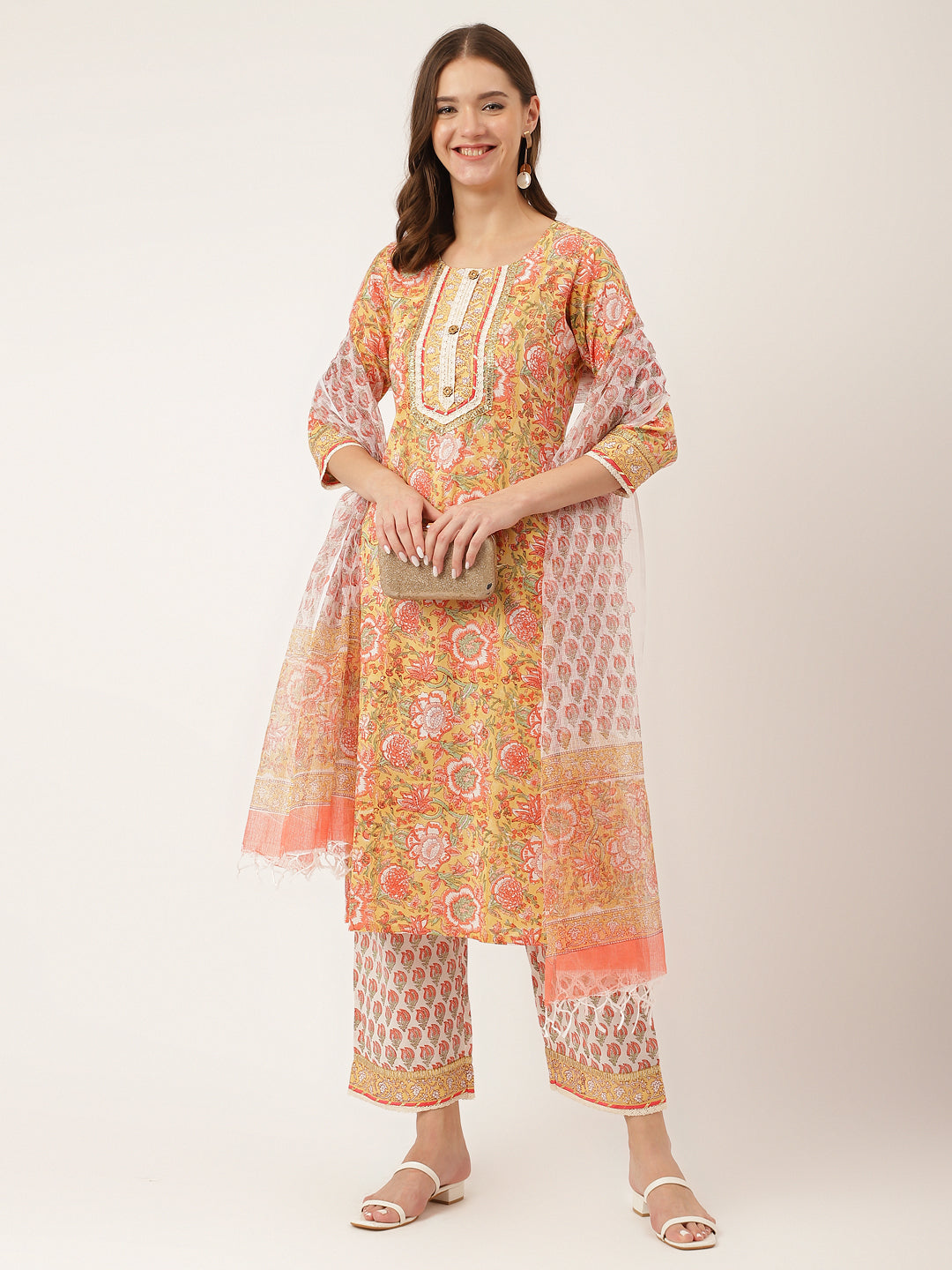 Noe Velarro Yellow Hand Block Floral Print Cotton  Kurta, Trouser With Dupatta