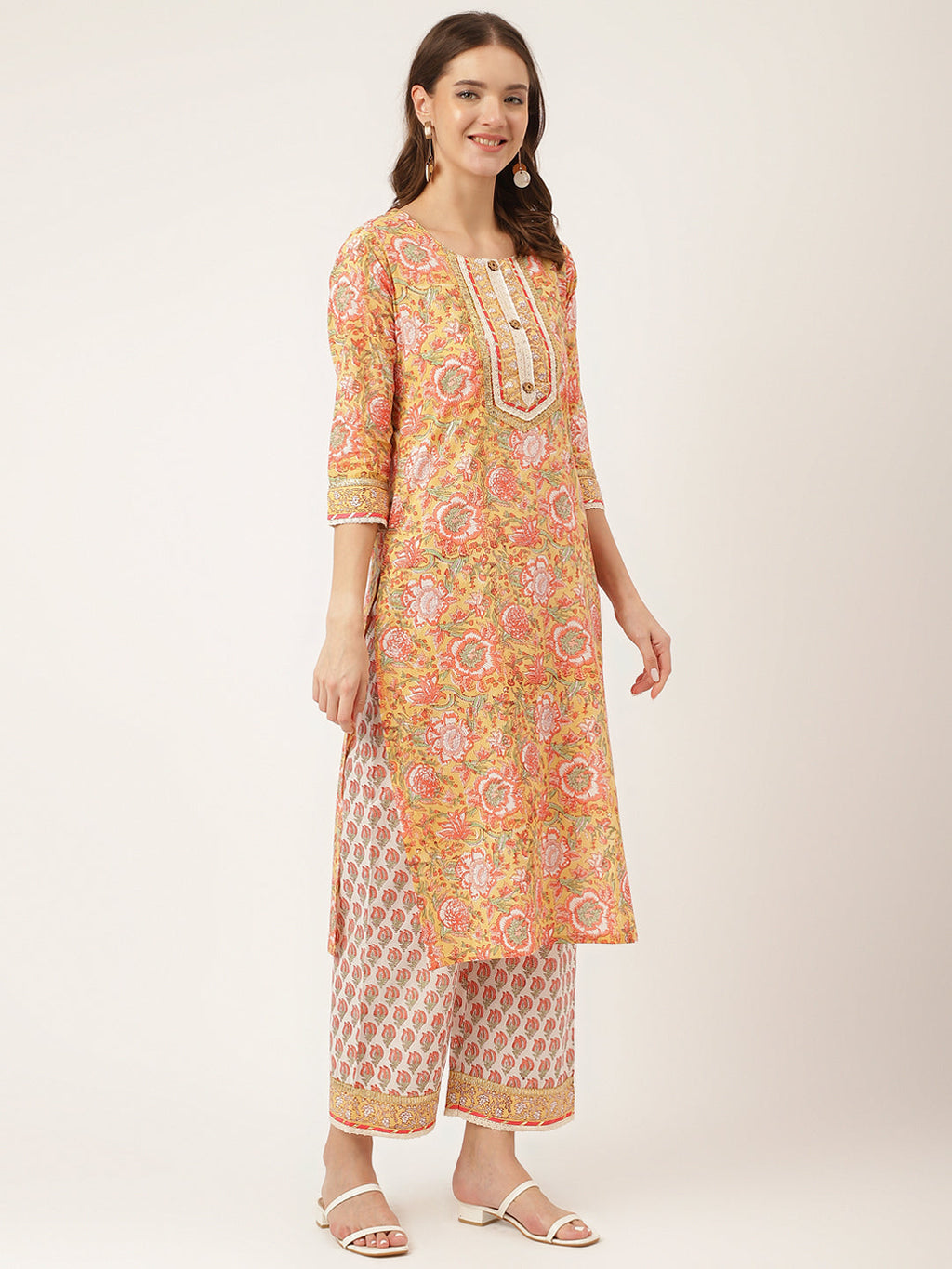 Noe Velarro Yellow Hand Block Floral Print Cotton  Kurta, Trouser With Dupatta
