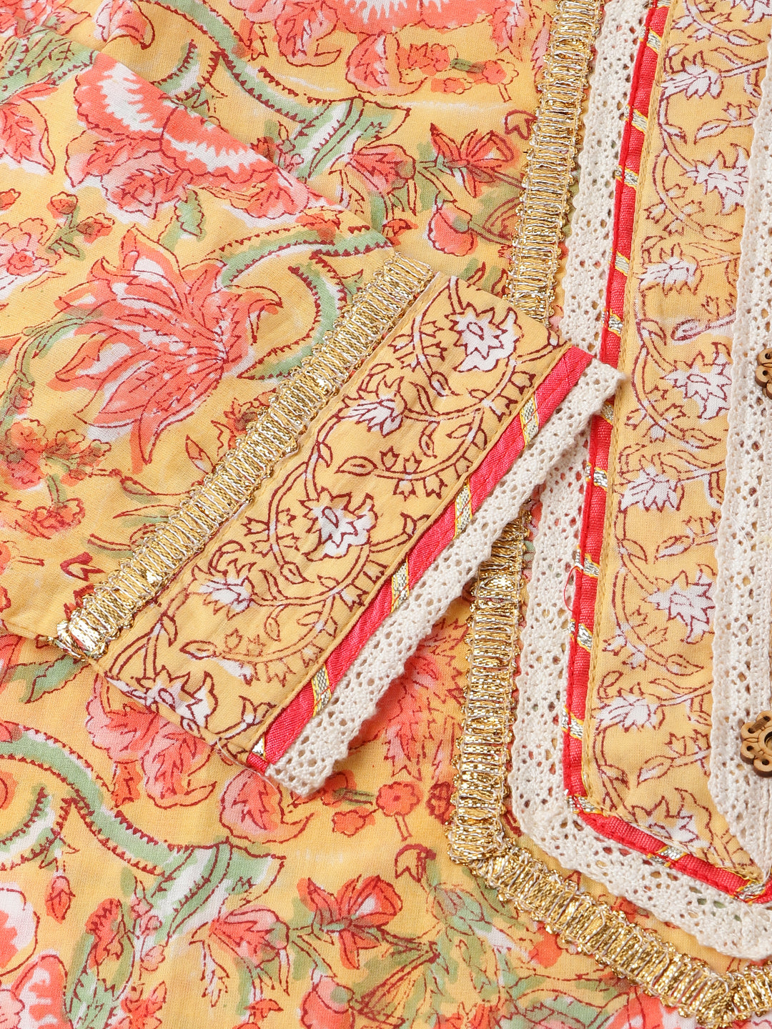 Noe Velarro Yellow Hand Block Floral Print Cotton  Kurta, Trouser With Dupatta