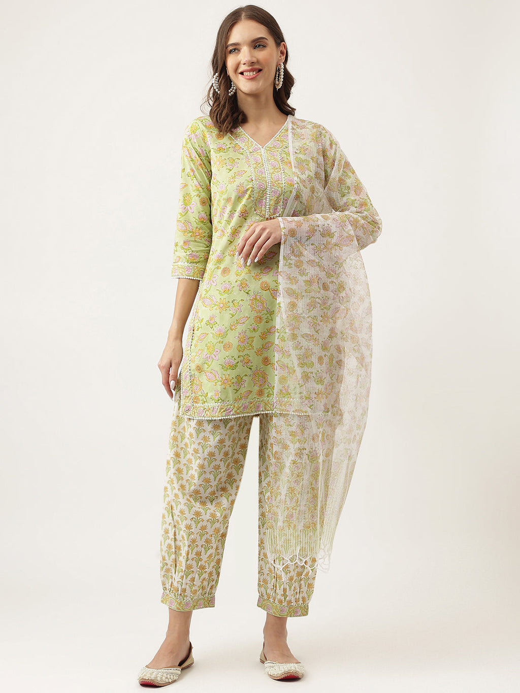 Noe Velarro Green Floral Printed Cotton Straight Short Kurta, trousers with Dupatta Set