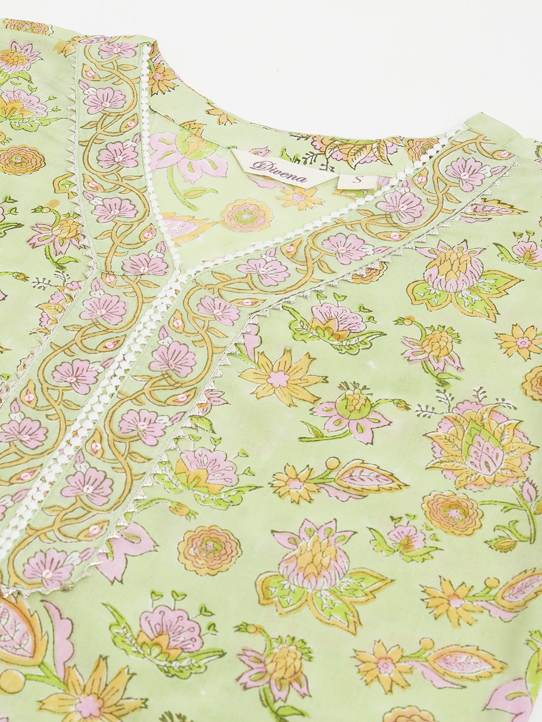 Noe Velarro Green Floral Printed Cotton Straight Short Kurta, trousers with Dupatta Set