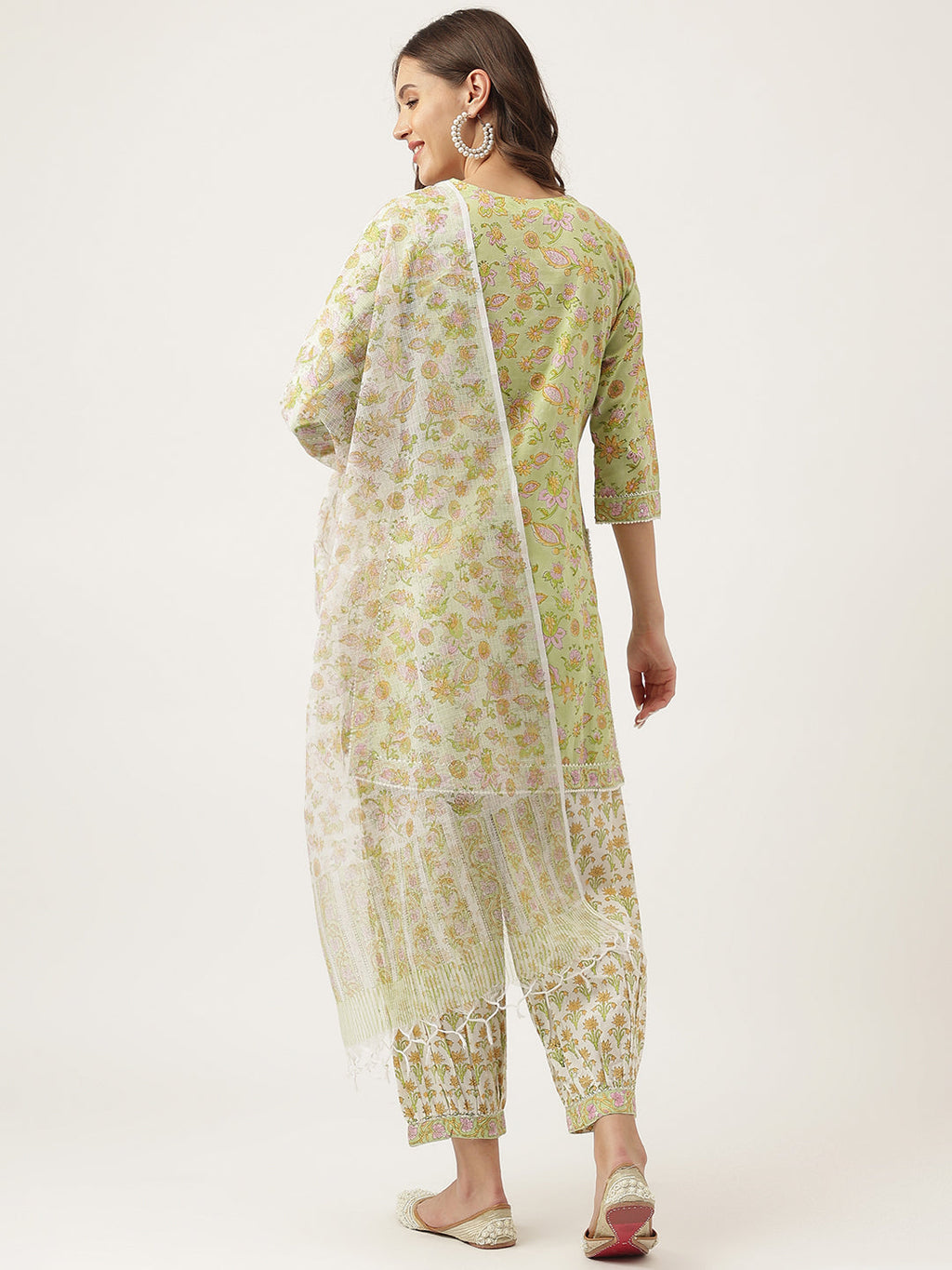 Noe Velarro Green Floral Printed Cotton Straight Short Kurta, trousers with Dupatta Set