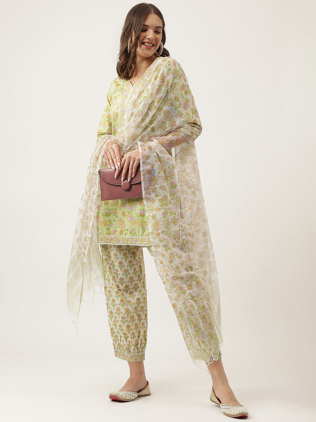 Noe Velarro Green Floral Printed Cotton Straight Short Kurta, trousers with Dupatta Set