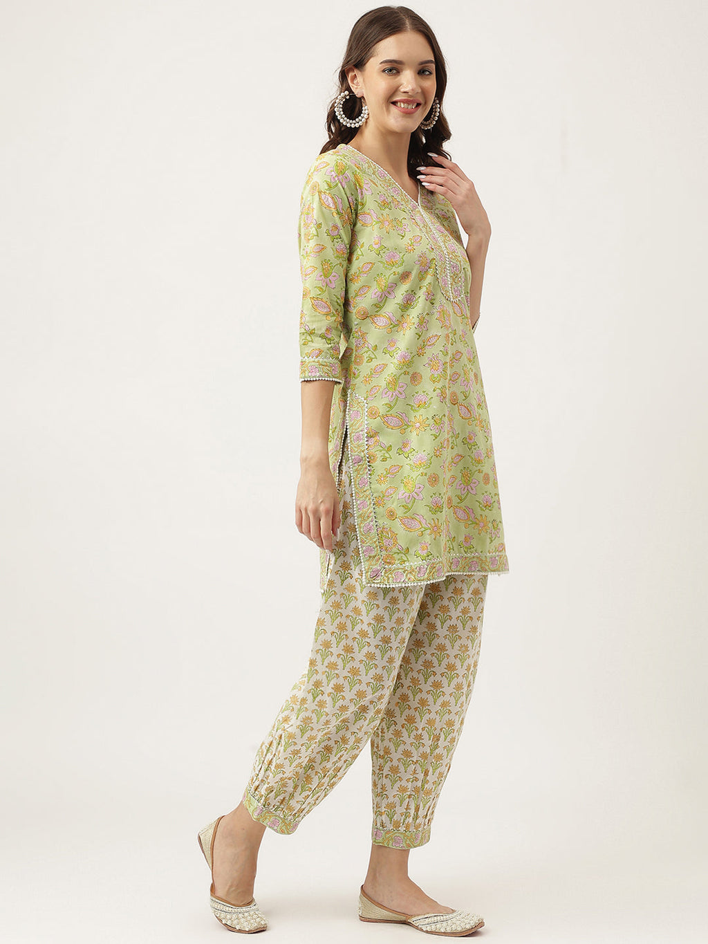 Noe Velarro Green Floral Printed Cotton Straight Short Kurta, trousers with Dupatta Set