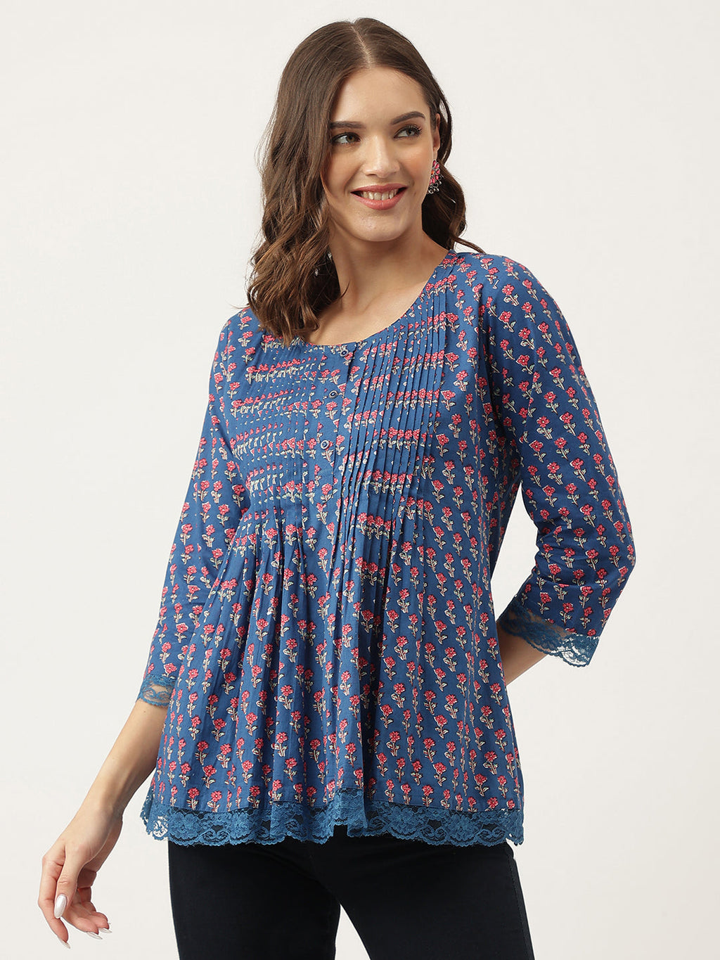 Noe Velarro Navy Blue Floral Printed Cotton Peplum Top