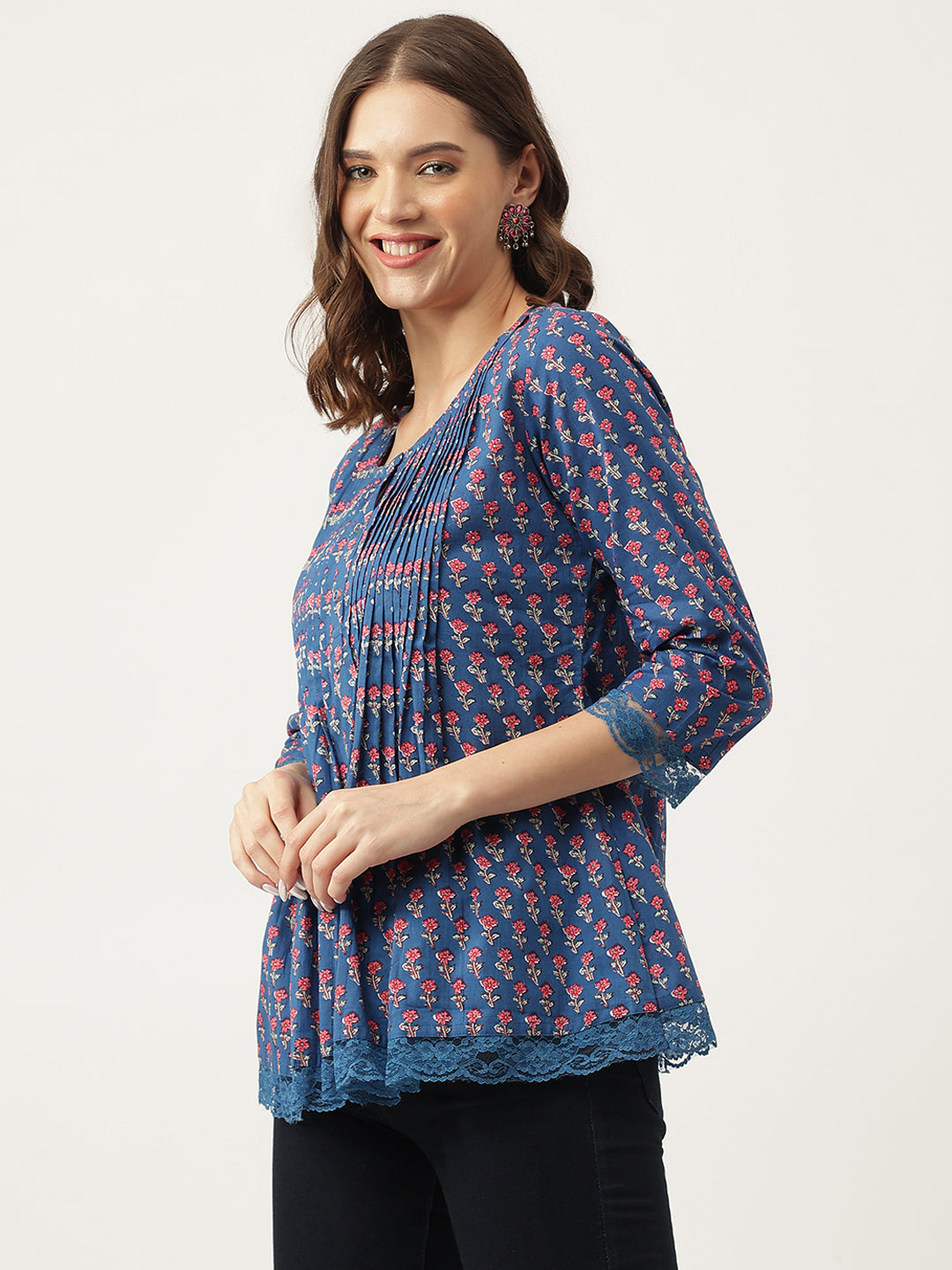 Noe Velarro Navy Blue Floral Printed Cotton Peplum Top