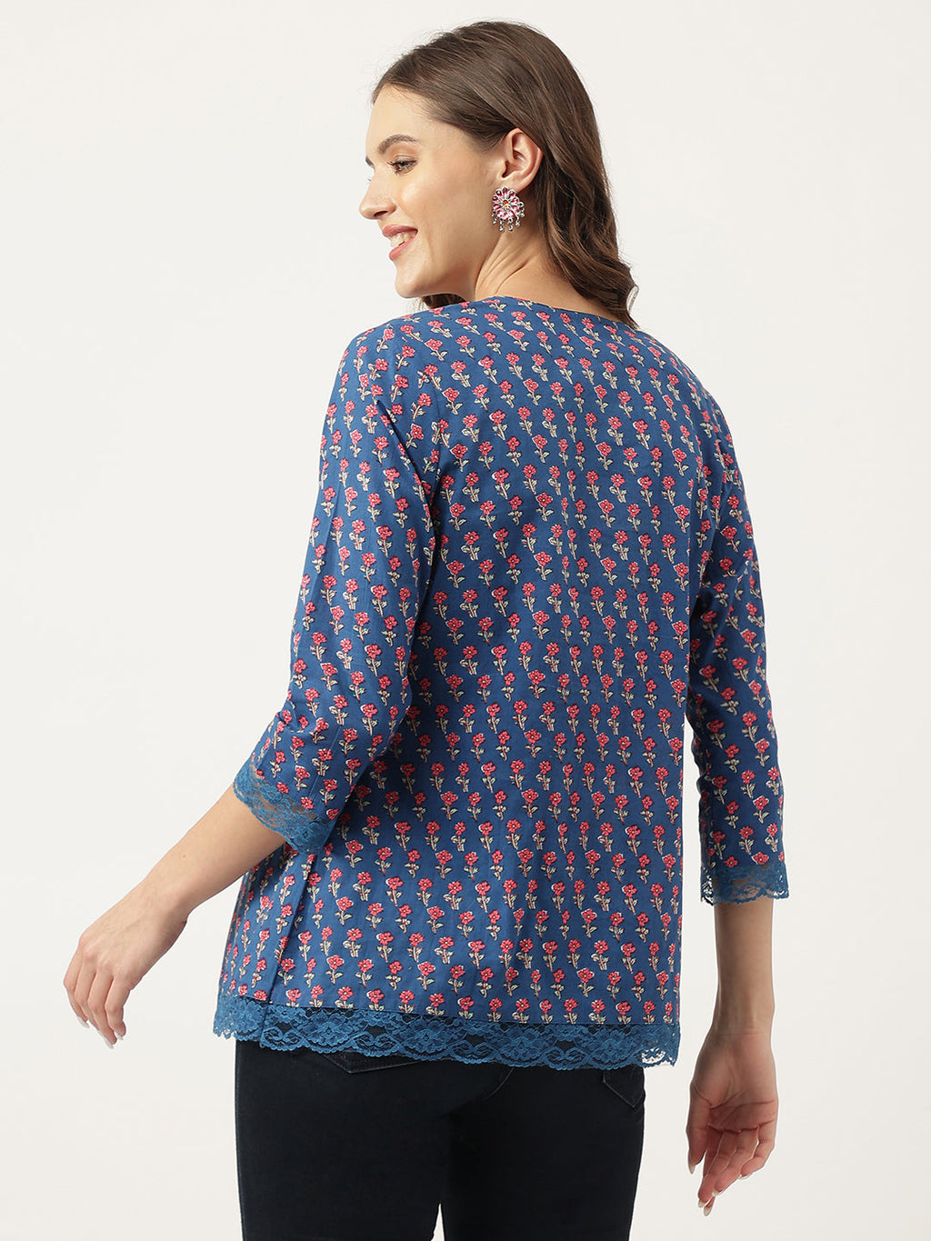Noe Velarro Navy Blue Floral Printed Cotton Peplum Top