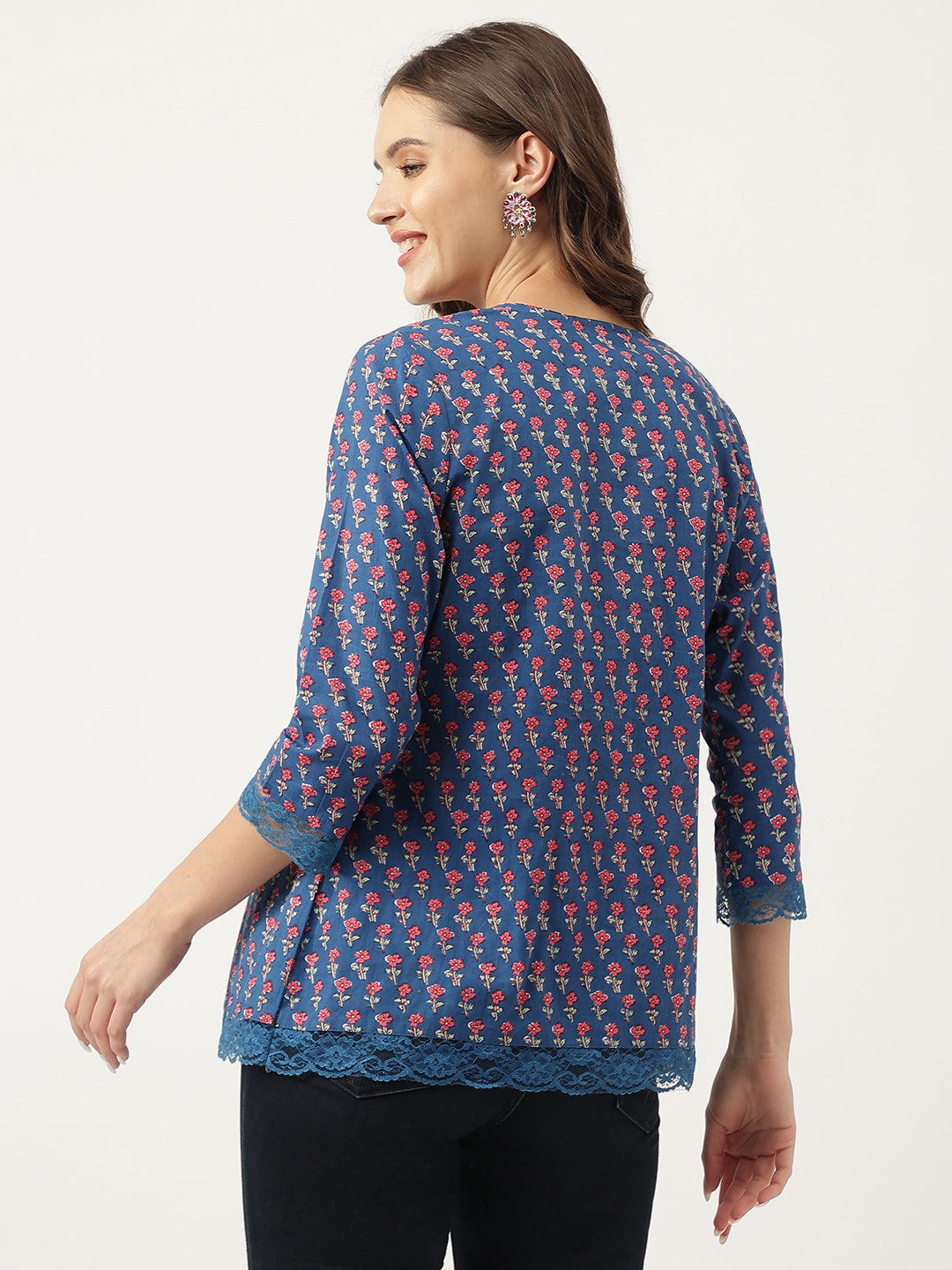 Noe Velarro Navy Blue Floral Printed Cotton Peplum Top