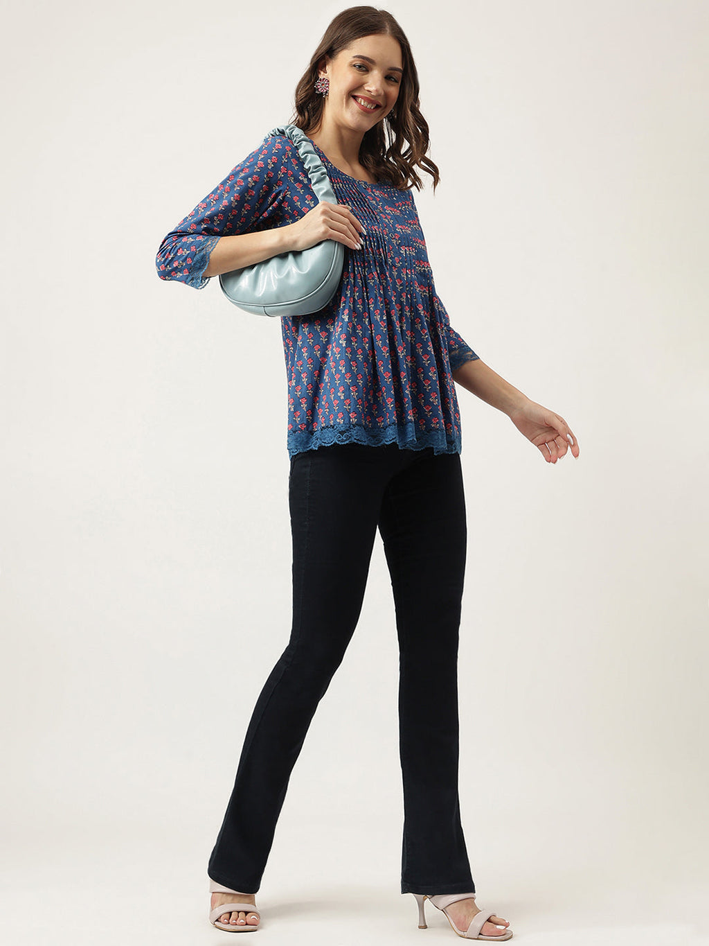 Noe Velarro Navy Blue Floral Printed Cotton Peplum Top